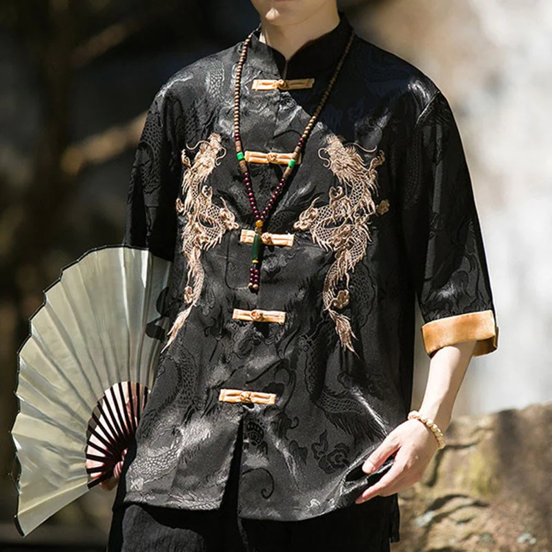 Buddha Stones Camicia da uomo a mezza manica con bottoni a rana, motivo drago ricamato, design colorblock - Image 19