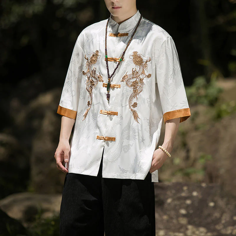 Buddha Stones Camicia da uomo a mezza manica con bottoni a rana, motivo drago ricamato, design colorblock - Image 2