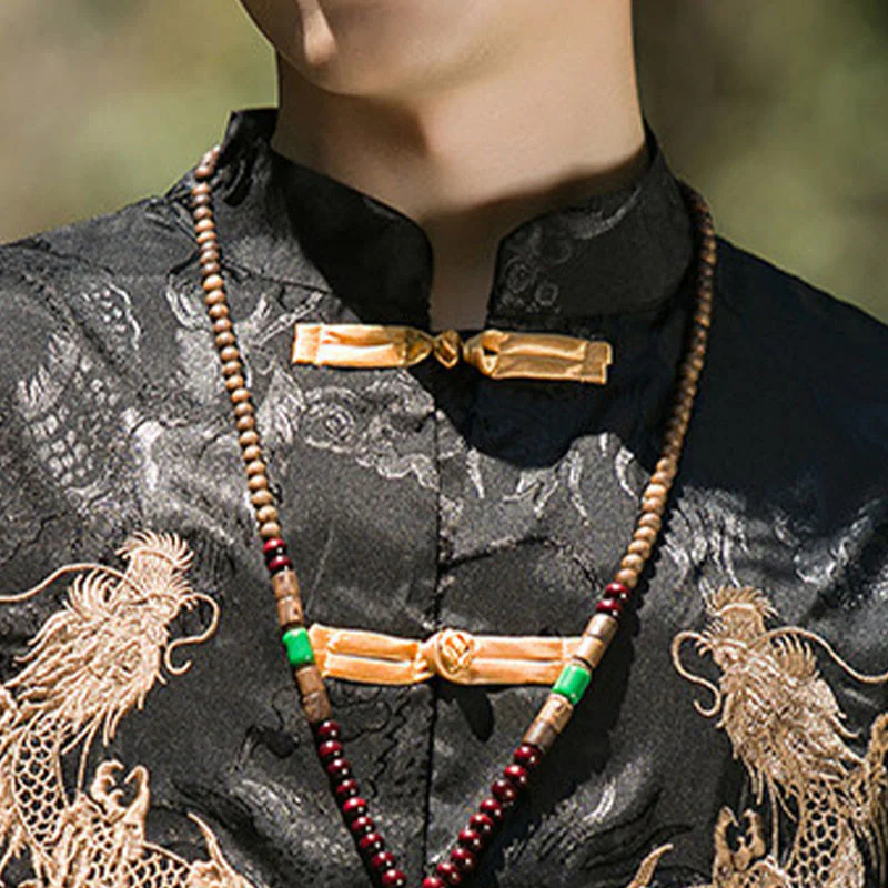 Buddha Stones Camicia da uomo a mezza manica con bottoni a rana, motivo drago ricamato, design colorblock - Image 20