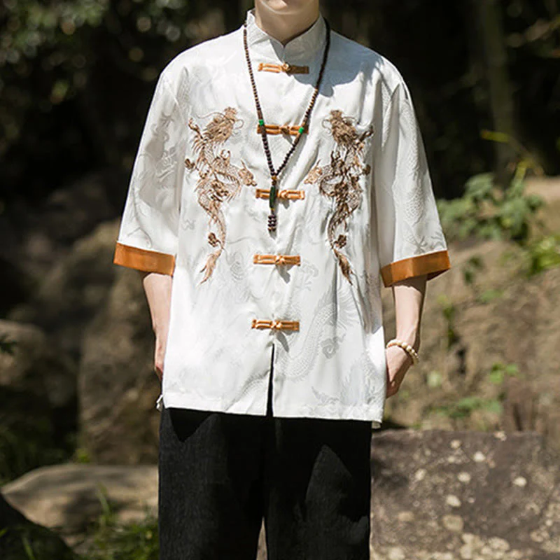 Buddha Stones Camicia da uomo a mezza manica con bottoni a rana, motivo drago ricamato, design colorblock - Image 5