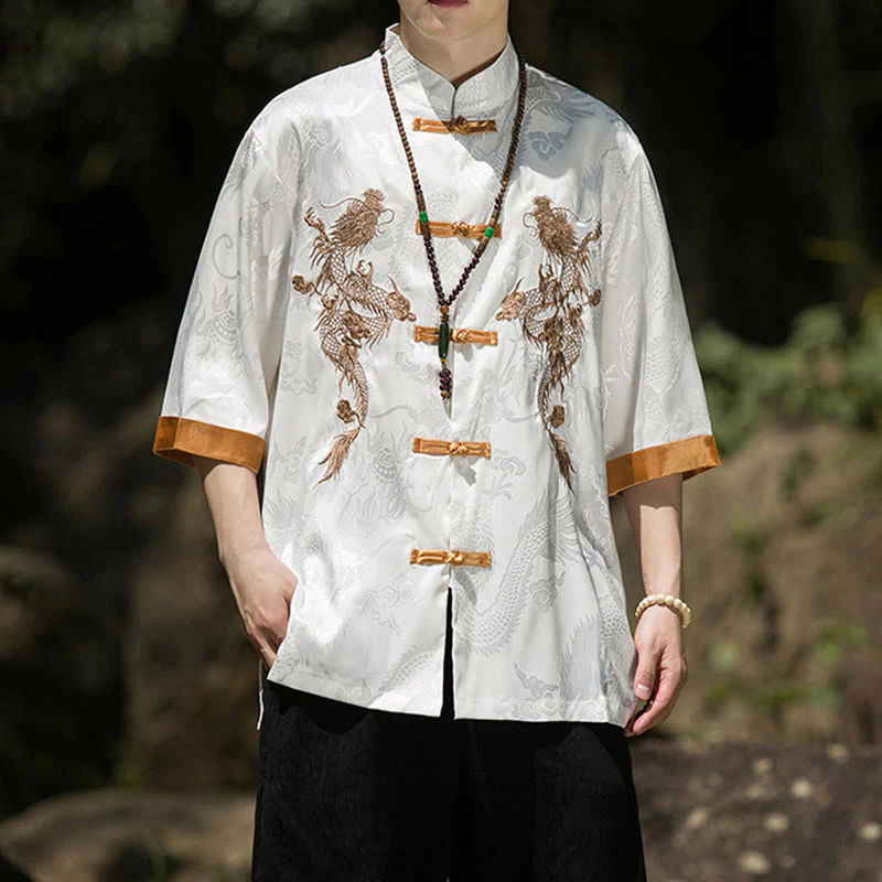 Buddha Stones Camicia da uomo a mezza manica con bottoni a rana, motivo drago ricamato, design colorblock - Image 6
