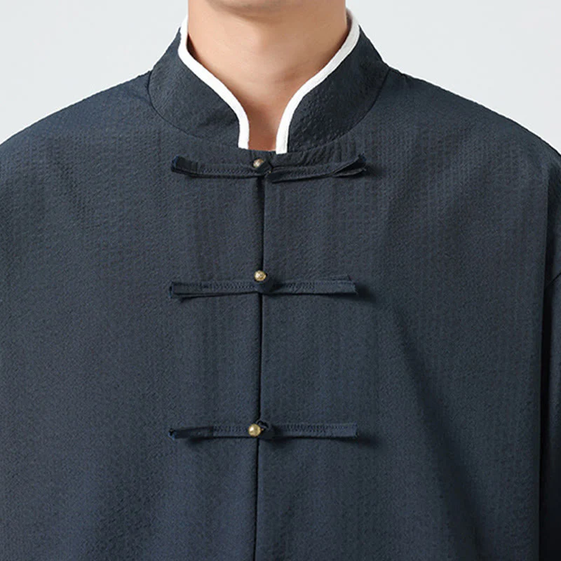 Buddha Stones Camicia da uomo con bottoni e tasche, tinta unita, manica a tre quarti, modello Tang Suit - Image 10