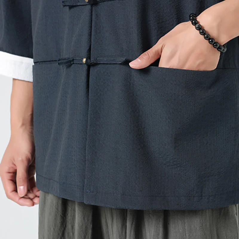 Buddha Stones Camicia da uomo con bottoni e tasche, tinta unita, manica a tre quarti, modello Tang Suit - Image 11