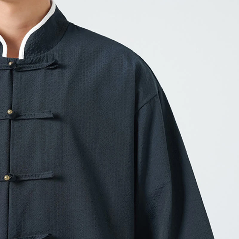 Buddha Stones Camicia da uomo con bottoni e tasche, tinta unita, manica a tre quarti, modello Tang Suit - Image 12