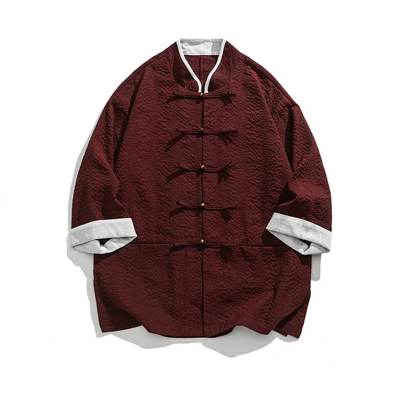 Buddha Stones Camicia da uomo con bottoni e tasche, tinta unita, manica a tre quarti, modello Tang Suit - Image 14