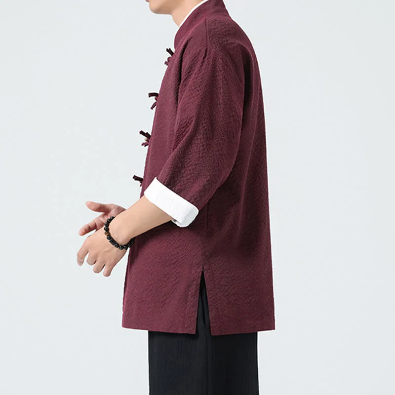 Buddha Stones Camicia da uomo con bottoni e tasche, tinta unita, manica a tre quarti, modello Tang Suit - Image 15