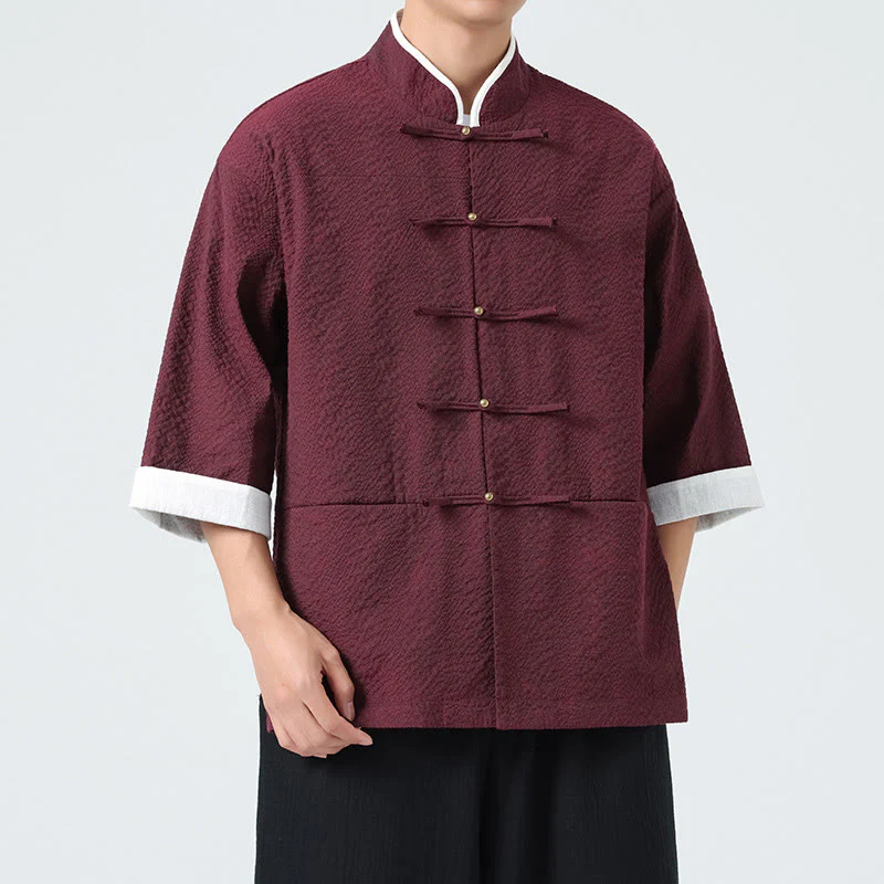 Buddha Stones Camicia da uomo con bottoni e tasche, tinta unita, manica a tre quarti, modello Tang Suit - Image 16