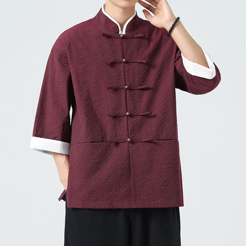Buddha Stones Camicia da uomo con bottoni e tasche, tinta unita, manica a tre quarti, modello Tang Suit - Image 17