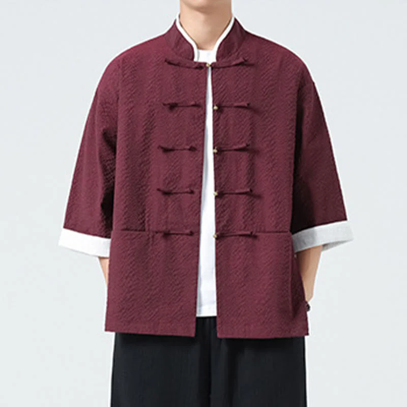 Buddha Stones Camicia da uomo con bottoni e tasche, tinta unita, manica a tre quarti, modello Tang Suit - Image 18