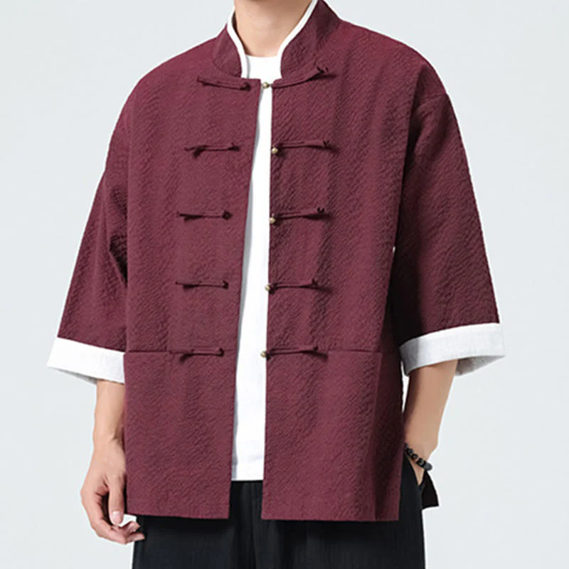 Buddha Stones Camicia da uomo con bottoni e tasche, tinta unita, manica a tre quarti, modello Tang Suit - Image 19