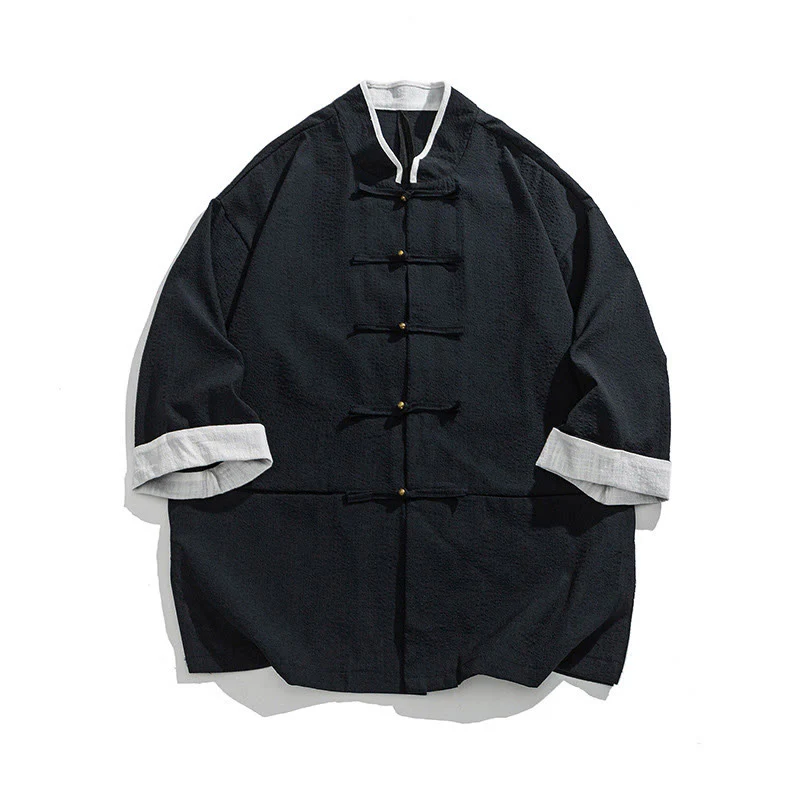 Buddha Stones Camicia da uomo con bottoni e tasche, tinta unita, manica a tre quarti, modello Tang Suit - Image 2