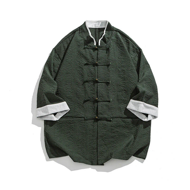 Buddha Stones Camicia da uomo con bottoni e tasche, tinta unita, manica a tre quarti, modello Tang Suit - Image 23