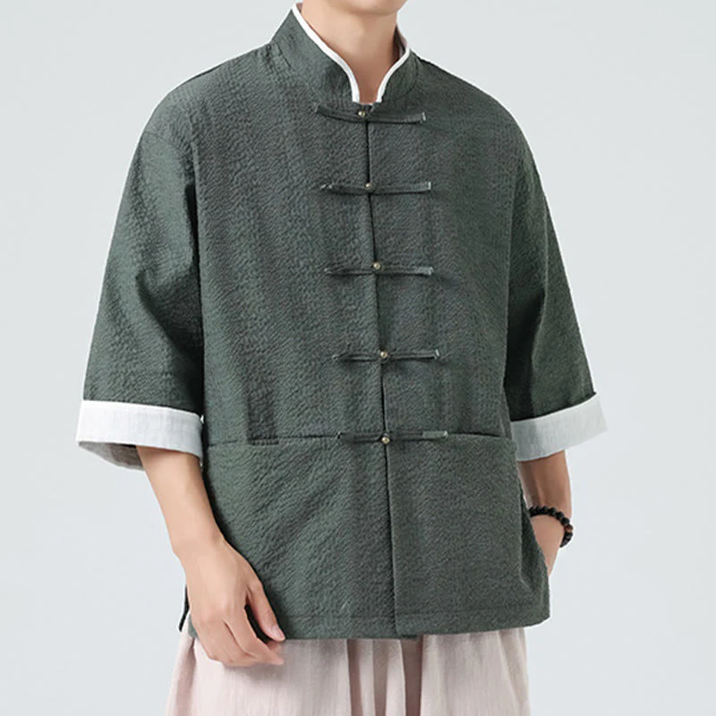Buddha Stones Camicia da uomo con bottoni e tasche, tinta unita, manica a tre quarti, modello Tang Suit - Image 25
