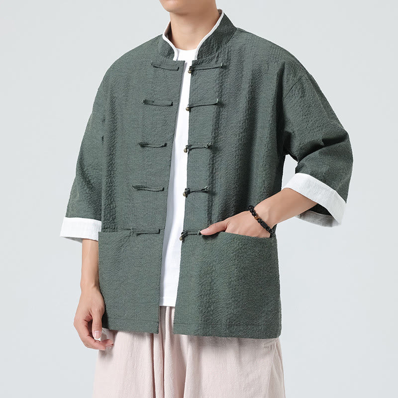 Buddha Stones Camicia da uomo con bottoni e tasche, tinta unita, manica a tre quarti, modello Tang Suit - Image 30