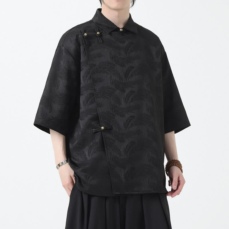 Buddha Stones Camicia da uomo estiva con colletto alla coreana e maniche a gomito in jacquard testurizzato. - Image 2