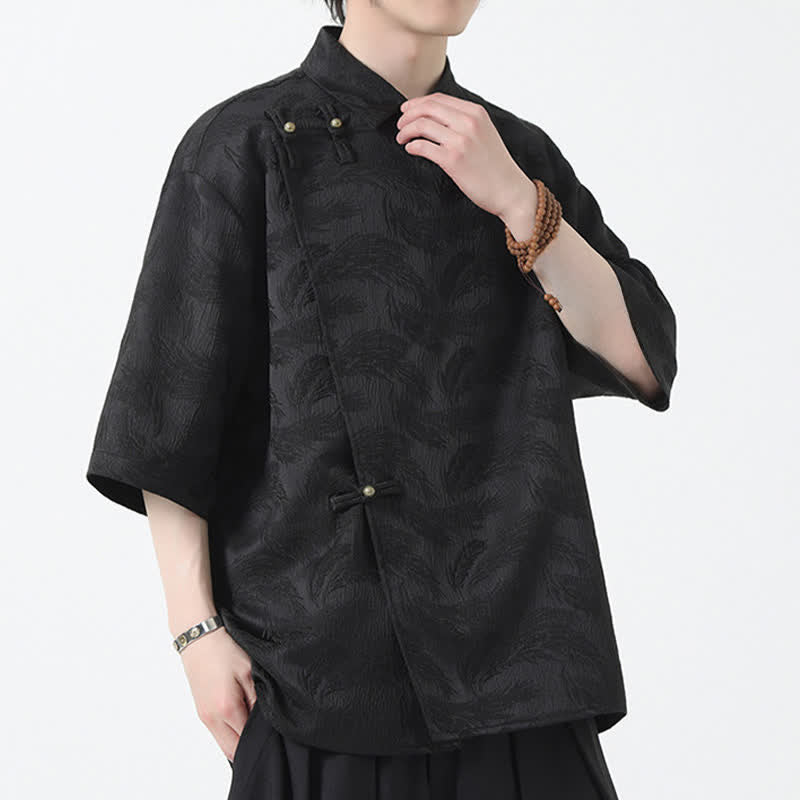 Buddha Stones Camicia da uomo estiva con colletto alla coreana e maniche a gomito in jacquard testurizzato. - Image 3