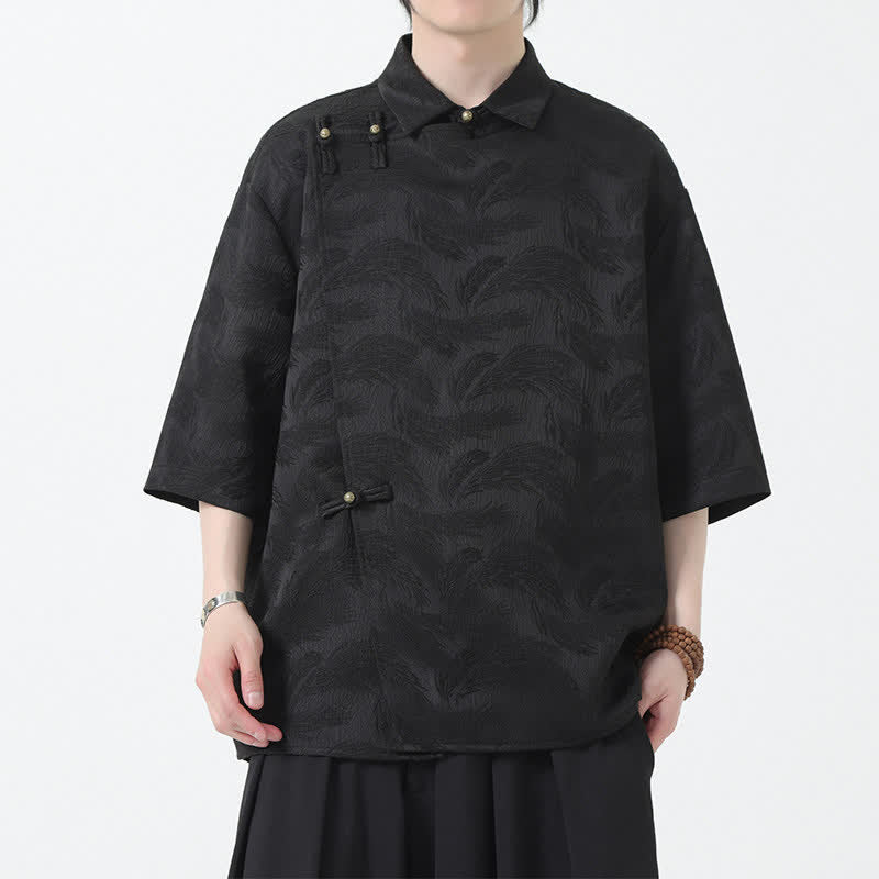 Buddha Stones Camicia da uomo estiva con colletto alla coreana e maniche a gomito in jacquard testurizzato. - Image 5