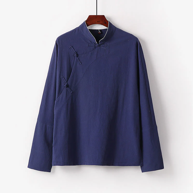 Buddha Stones Camicia da uomo in cotone a maniche lunghe con bottoni cinesi vintage e motivo a rana