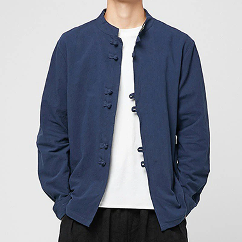 Buddha Stones Camicia da uomo in cotone a maniche lunghe con polsini e motivo a drago e bottoni a rana