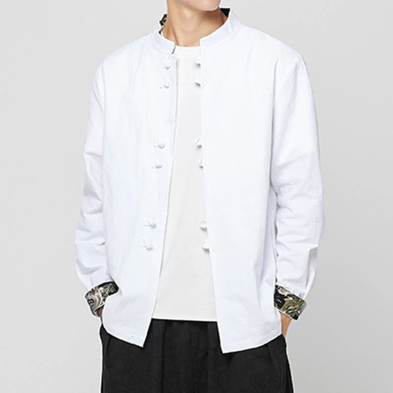 Buddha Stones Camicia da uomo in cotone a maniche lunghe con polsini e motivo a drago e bottoni a rana - Image 11