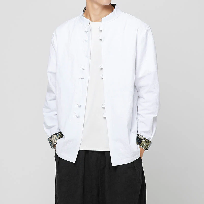 Buddha Stones Camicia da uomo in cotone a maniche lunghe con polsini e motivo a drago e bottoni a rana - Image 13