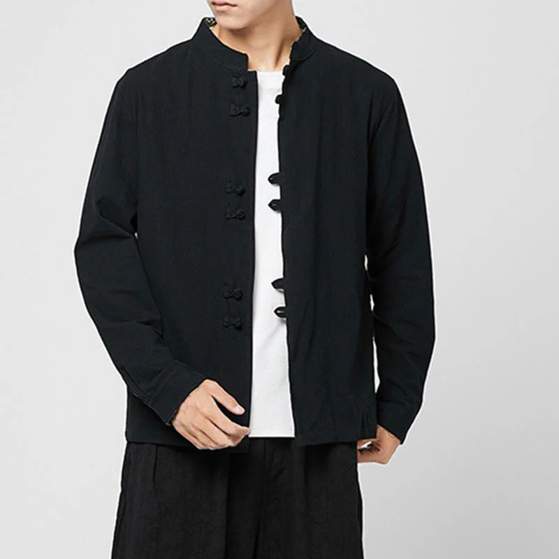 Buddha Stones Camicia da uomo in cotone a maniche lunghe con polsini e motivo a drago e bottoni a rana - Image 15