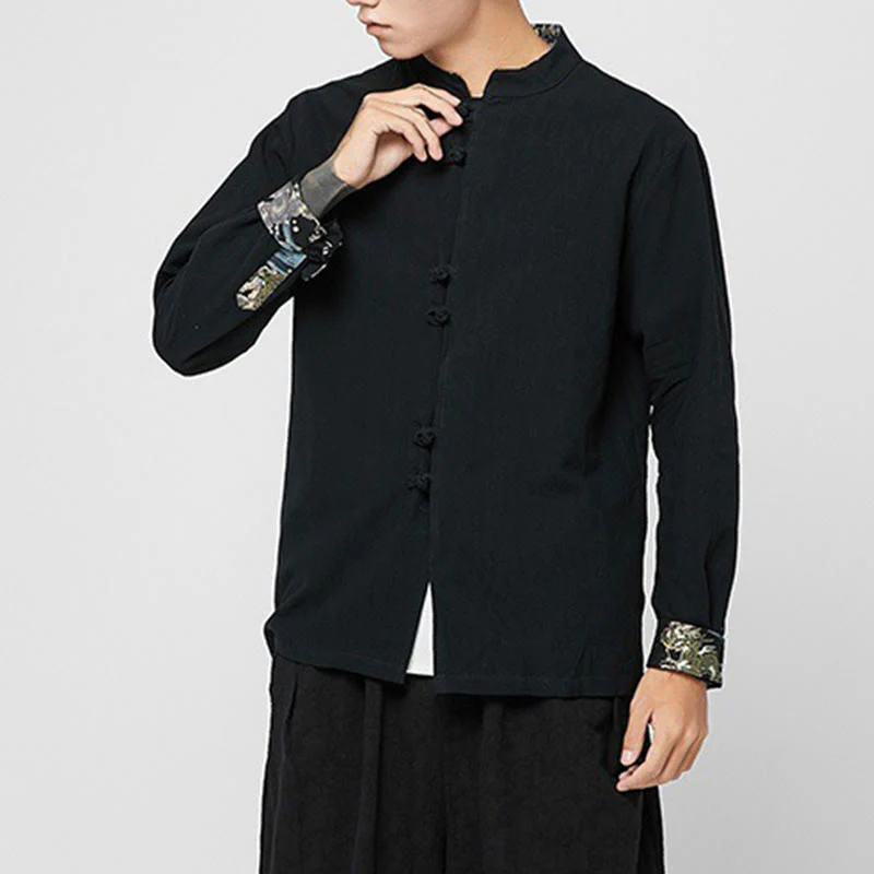Buddha Stones Camicia da uomo in cotone a maniche lunghe con polsini e motivo a drago e bottoni a rana - Image 18
