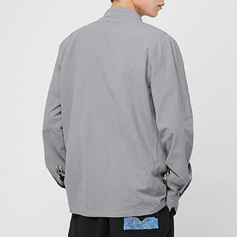 Buddha Stones Camicia da uomo in cotone a maniche lunghe con polsini e motivo a drago e bottoni a rana - Image 25