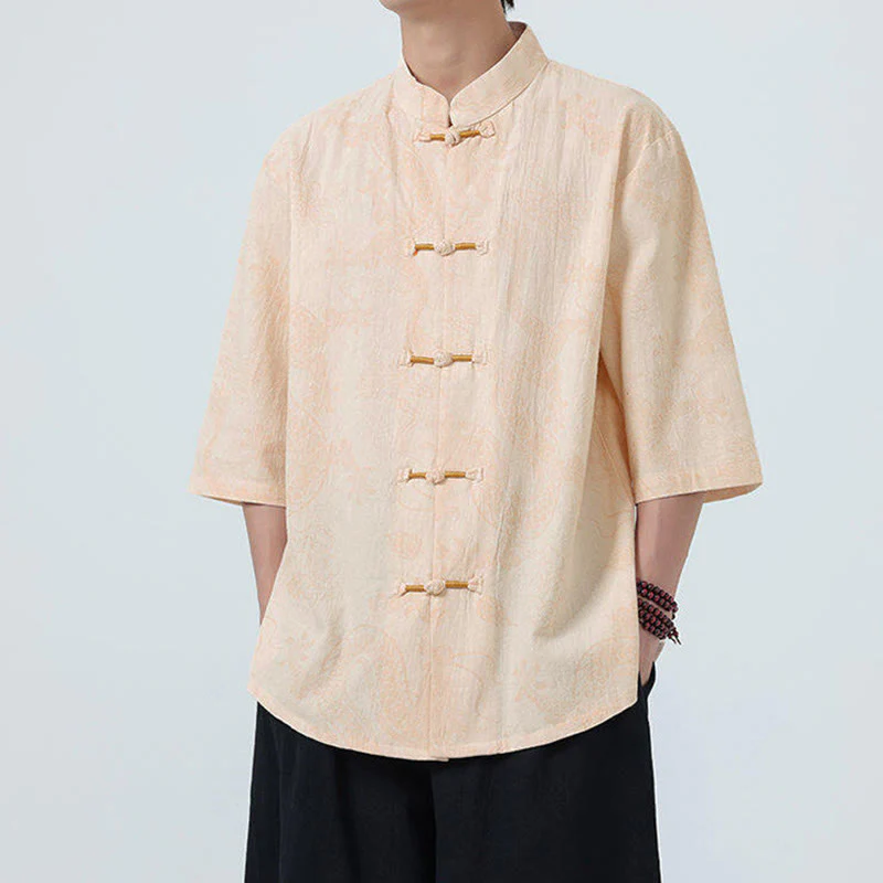 Buddha Stones Camicia da uomo in cotone a mezza manica con bottoni a rana, motivo nuvole di buon auspicio e drago estivo - Image 10