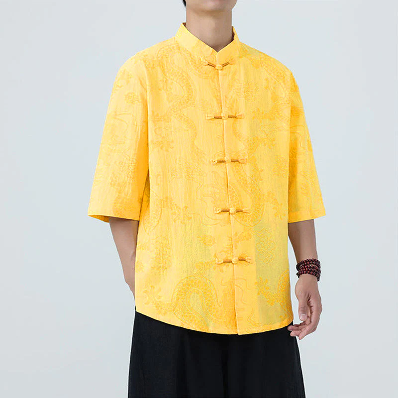 Buddha Stones Camicia da uomo in cotone a mezza manica con bottoni a rana, motivo nuvole di buon auspicio e drago estivo - Image 14