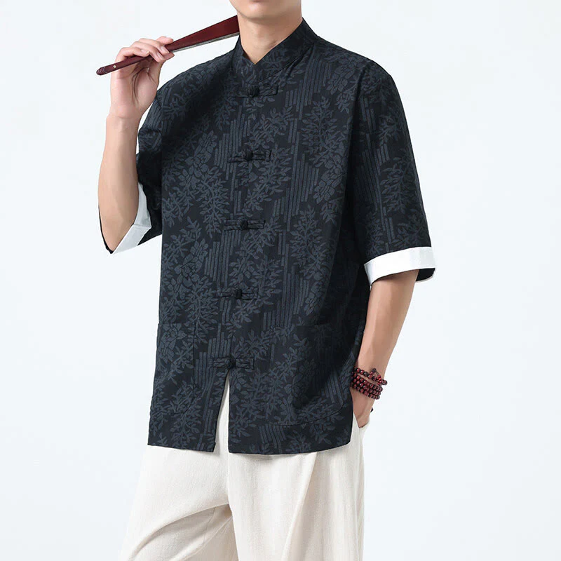 Buddha Stones Camicia da uomo in cotone con maniche corte, bottoni a rana e tasche, modello estivo con fiori e erba