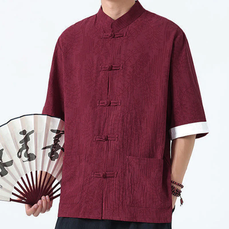 Buddha Stones Camicia da uomo in cotone con maniche corte, bottoni a rana e tasche, modello estivo con fiori e erba - Image 14