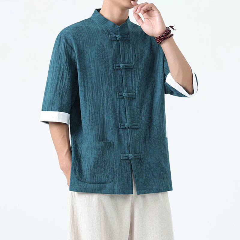 Buddha Stones Camicia da uomo in cotone con maniche corte, bottoni a rana e tasche, modello estivo con fiori e erba - Image 17
