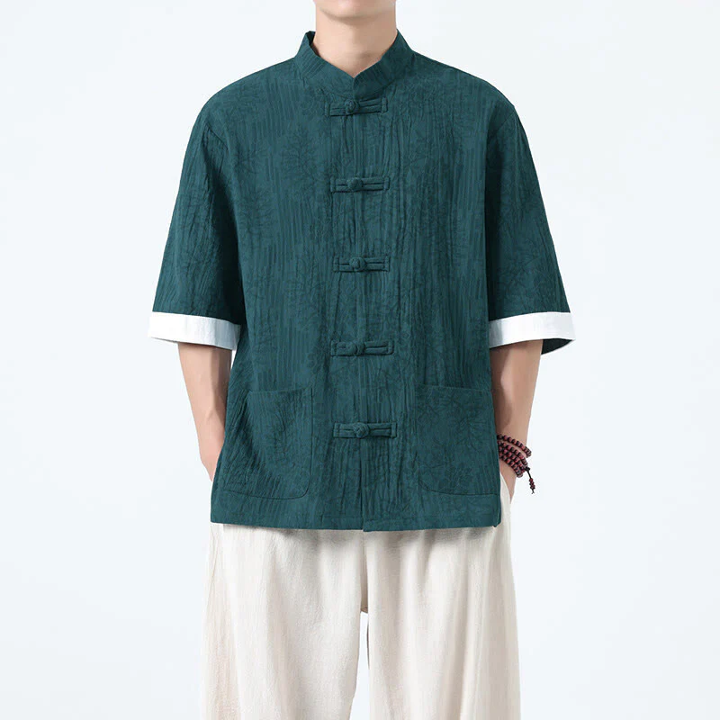 Buddha Stones Camicia da uomo in cotone con maniche corte, bottoni a rana e tasche, modello estivo con fiori e erba - Image 18