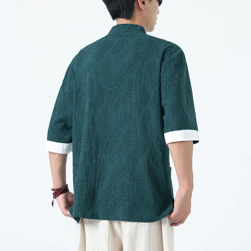 Buddha Stones Camicia da uomo in cotone con maniche corte, bottoni a rana e tasche, modello estivo con fiori e erba - Image 19