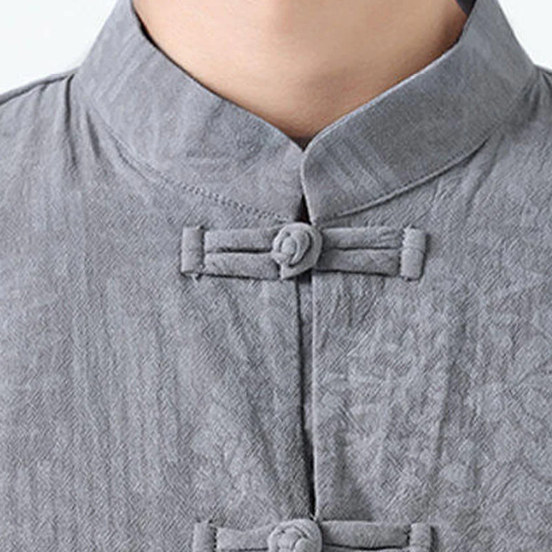 Buddha Stones Camicia da uomo in cotone con maniche corte, bottoni a rana e tasche, modello estivo con fiori e erba - Image 8