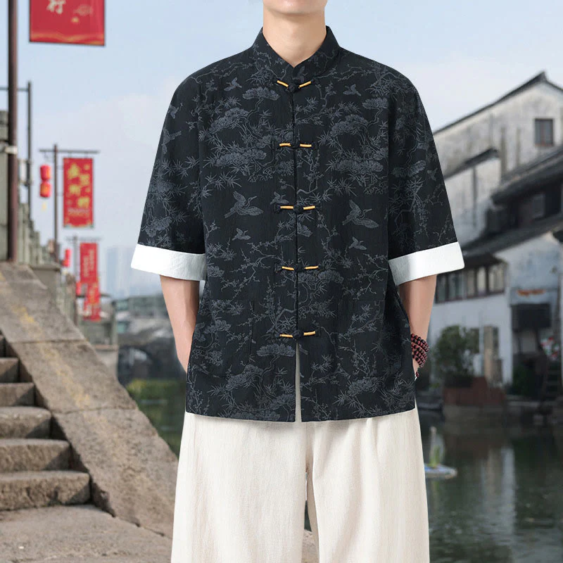 Buddha Stones Camicia da uomo in cotone con maniche corte, bottoni a rana e tasche, modello Summer Crane Pine Tree Tang Suit