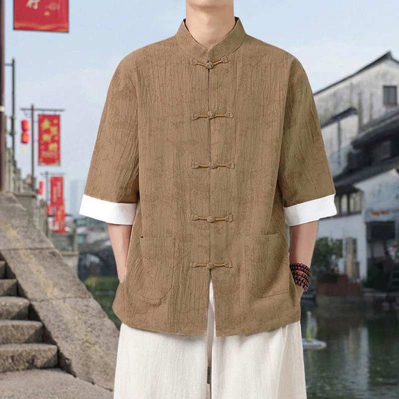 Buddha Stones Camicia da uomo in cotone con maniche corte, bottoni a rana e tasche, modello Summer Crane Pine Tree Tang Suit - Image 11