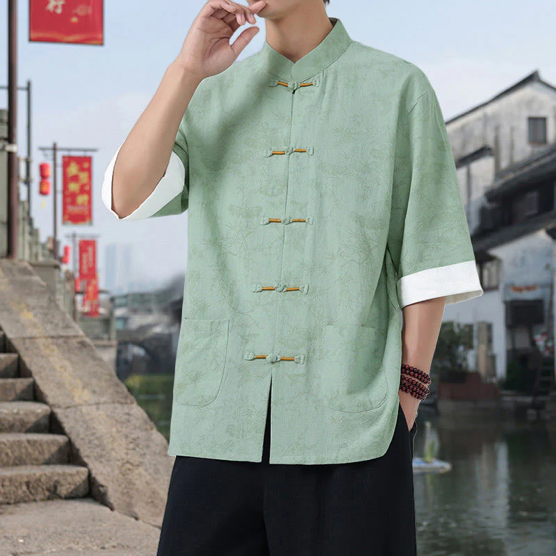 Buddha Stones Camicia da uomo in cotone con maniche corte, bottoni a rana e tasche, modello Summer Crane Pine Tree Tang Suit - Image 13
