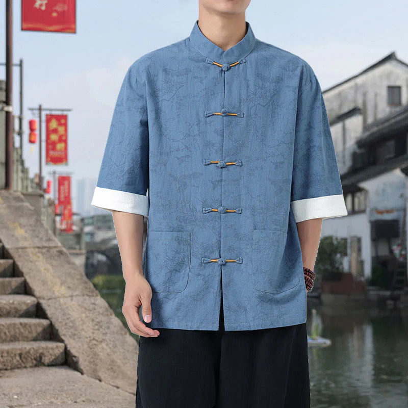 Buddha Stones Camicia da uomo in cotone con maniche corte, bottoni a rana e tasche, modello Summer Crane Pine Tree Tang Suit - Image 15