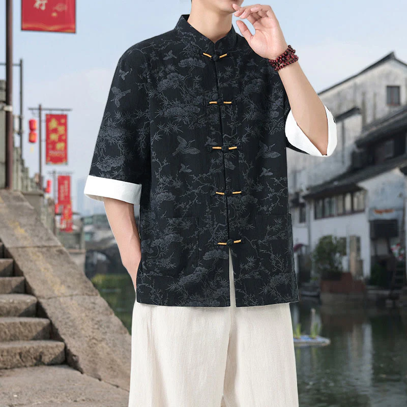 Buddha Stones Camicia da uomo in cotone con maniche corte, bottoni a rana e tasche, modello Summer Crane Pine Tree Tang Suit - Image 3