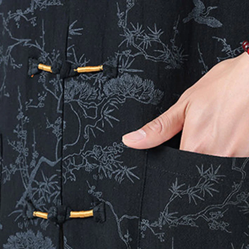Buddha Stones Camicia da uomo in cotone con maniche corte, bottoni a rana e tasche, modello Summer Crane Pine Tree Tang Suit - Image 5