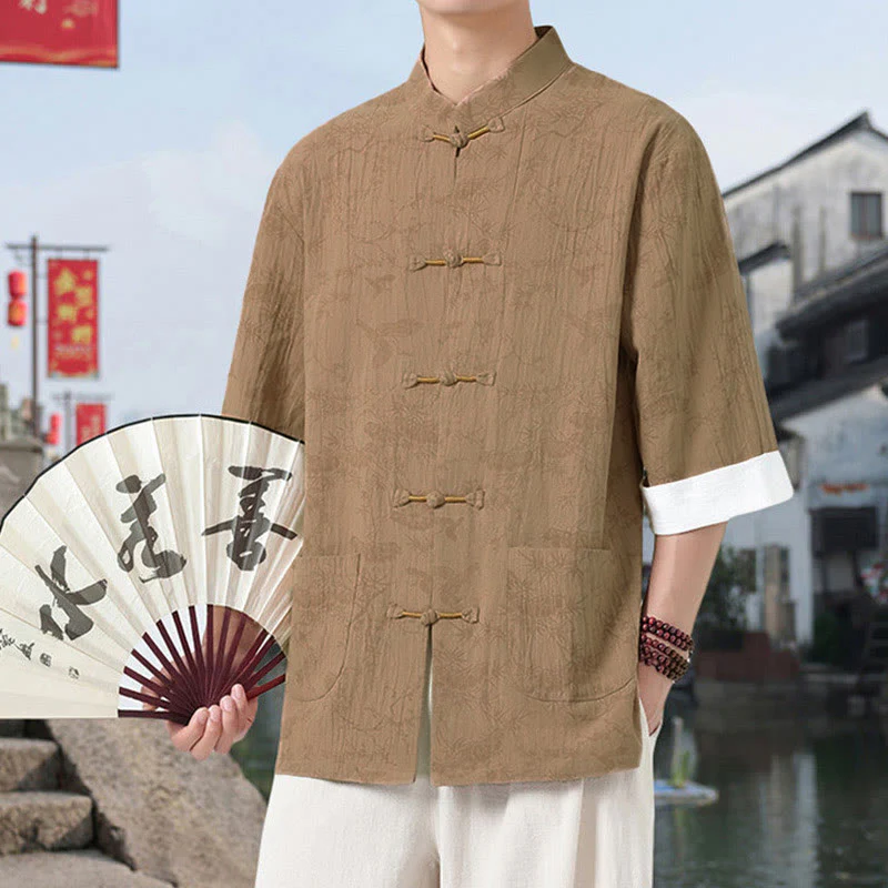 Buddha Stones Camicia da uomo in cotone con maniche corte, bottoni a rana e tasche, modello Summer Crane Pine Tree Tang Suit - Image 9