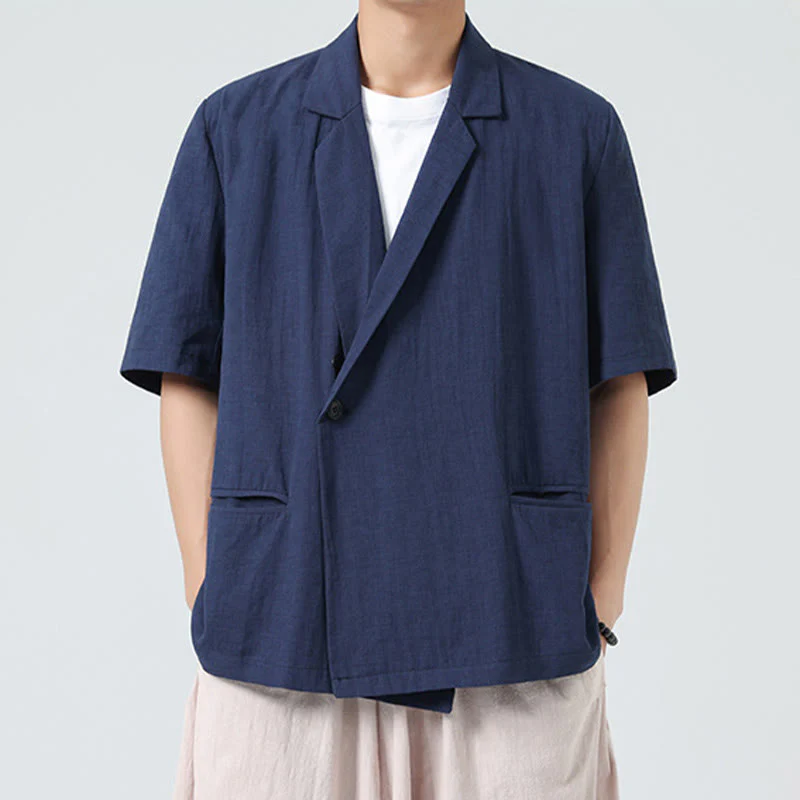 Buddha Stones Camicia da uomo in cotone e lino, a maniche corte, con colletto asimmetrico e tasche, modello primaverile