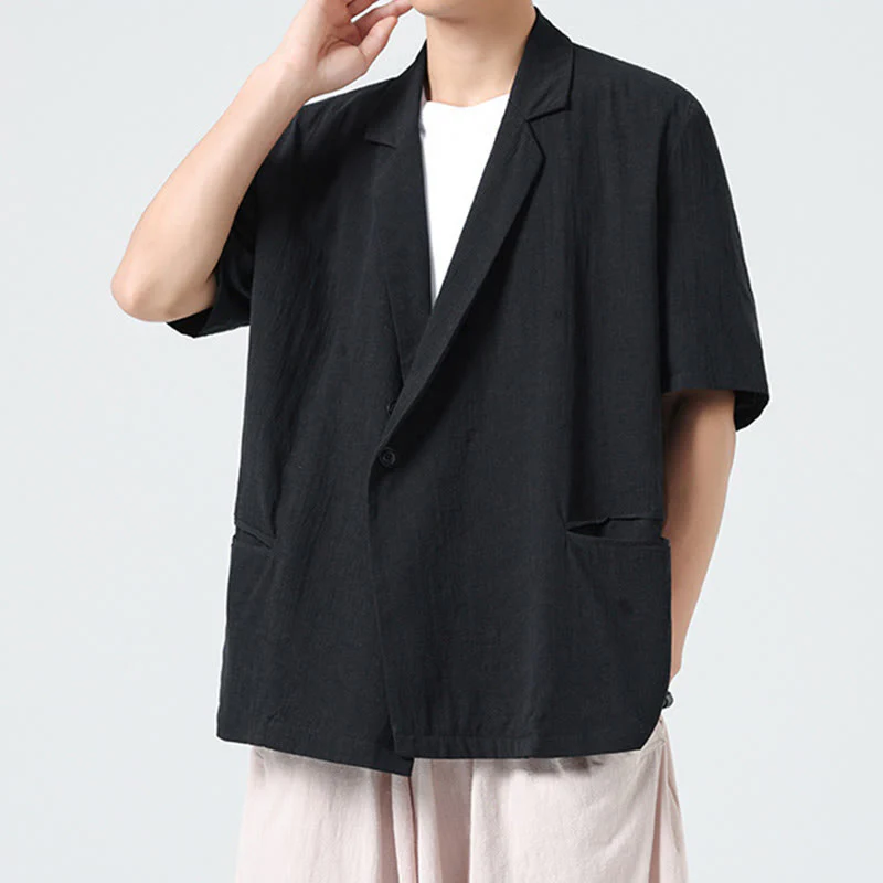Buddha Stones Camicia da uomo in cotone e lino, a maniche corte, con colletto asimmetrico e tasche, modello primaverile - Image 11