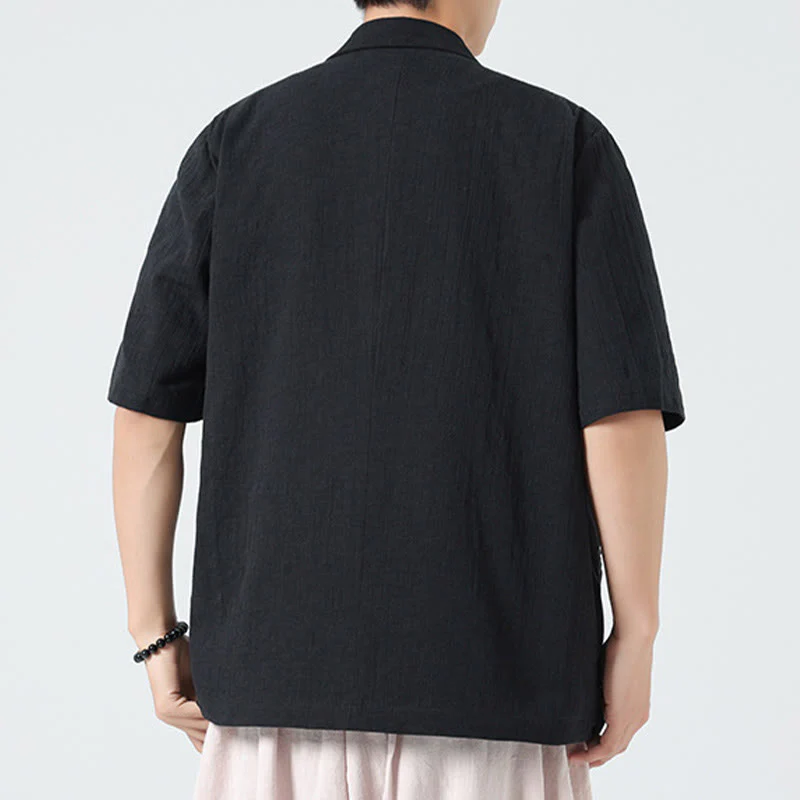 Buddha Stones Camicia da uomo in cotone e lino, a maniche corte, con colletto asimmetrico e tasche, modello primaverile - Image 15