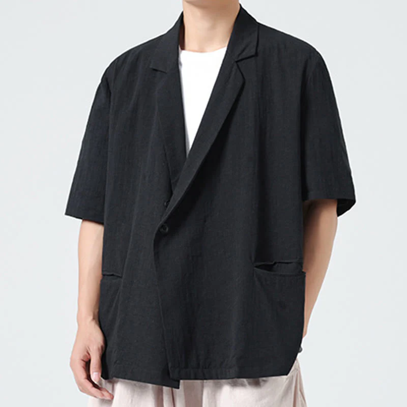 Buddha Stones Camicia da uomo in cotone e lino, a maniche corte, con colletto asimmetrico e tasche, modello primaverile - Image 16