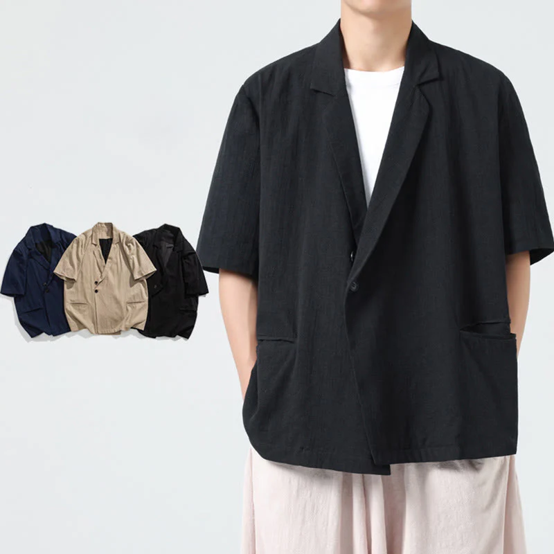 Buddha Stones Camicia da uomo in cotone e lino, a maniche corte, con colletto asimmetrico e tasche, modello primaverile - Image 17