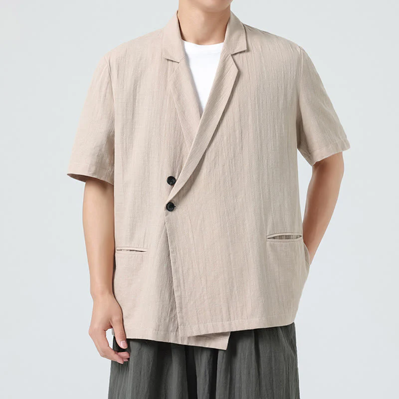 Buddha Stones Camicia da uomo in cotone e lino, a maniche corte, con colletto asimmetrico e tasche, modello primaverile - Image 19