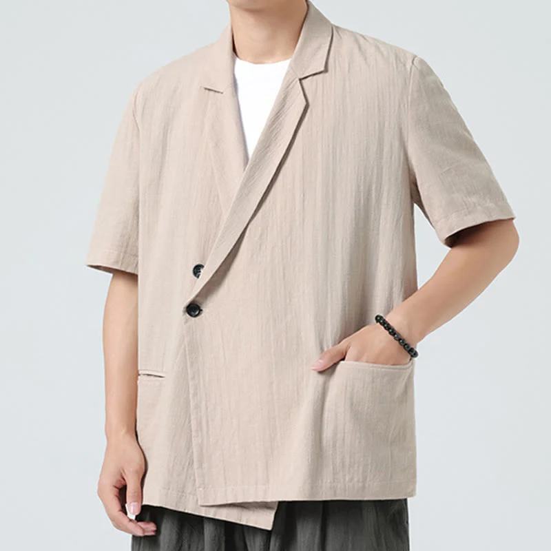 Buddha Stones Camicia da uomo in cotone e lino, a maniche corte, con colletto asimmetrico e tasche, modello primaverile - Image 20